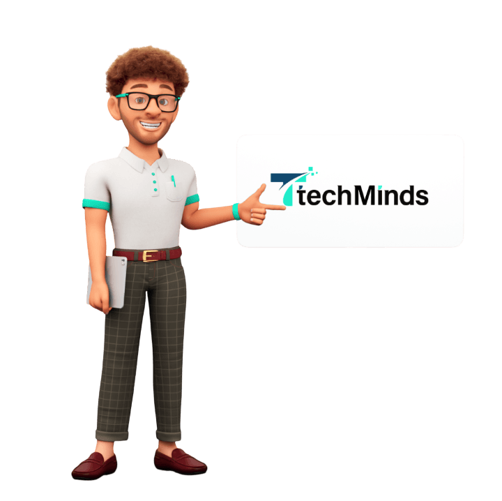 TechMinds mascot pointing to the TechMinds logo