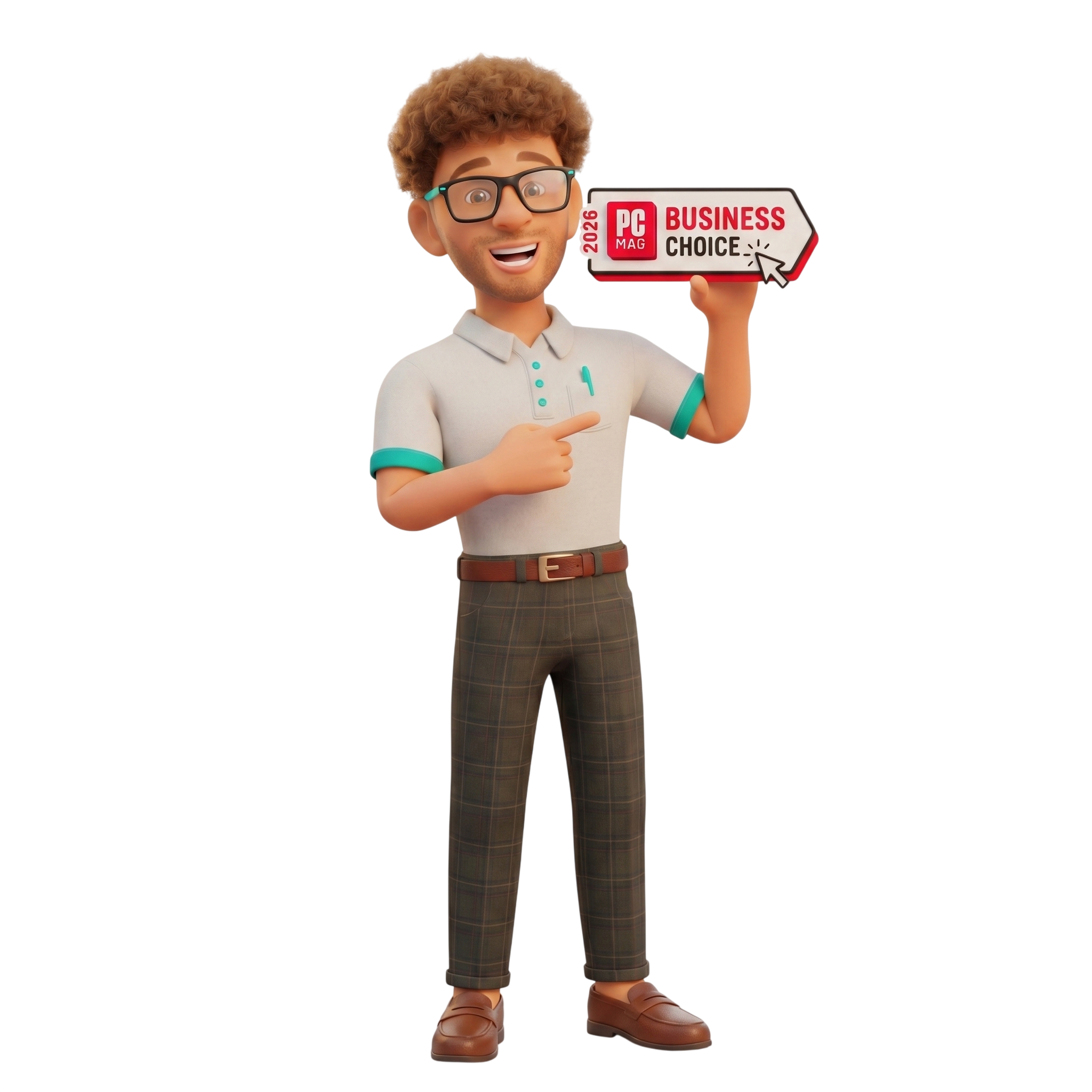 TechMinds character pointing at PCMag Business Choice 2026 award